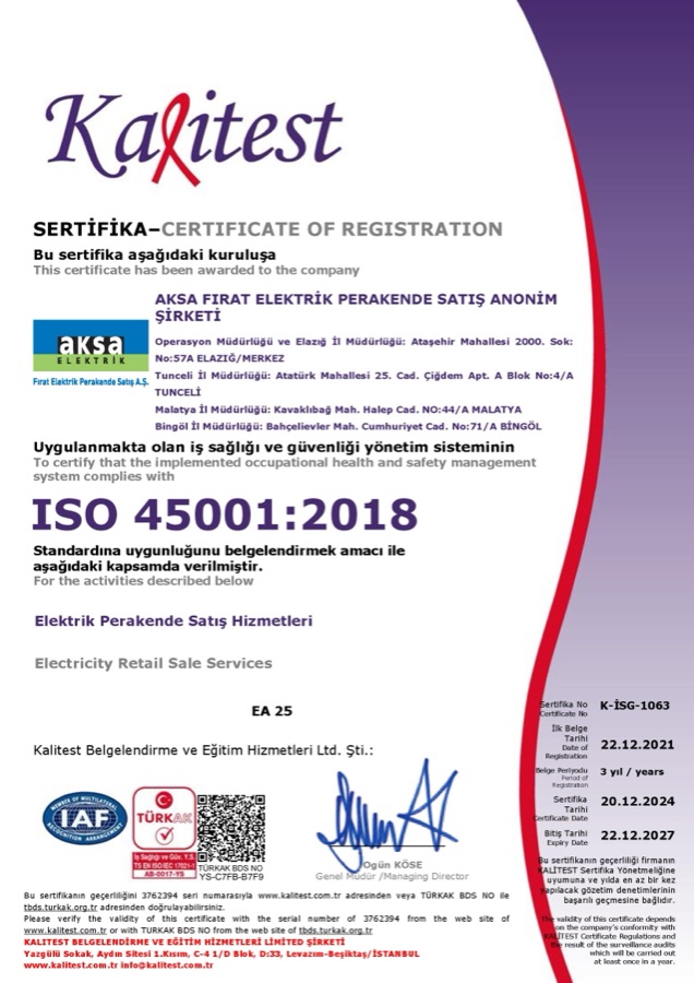 ISO 45001:2018 İş Sağlığı ve Güvenliği Yönetim Sistemi Aksa Fırat Elektrik Perakende Satış A.Ş.