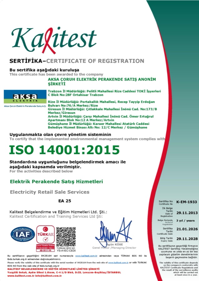 ISO 14001:2015 Çevre Yönetim Sistemi Aksa Çoruh Elektrik Perakende Satış A.Ş.
