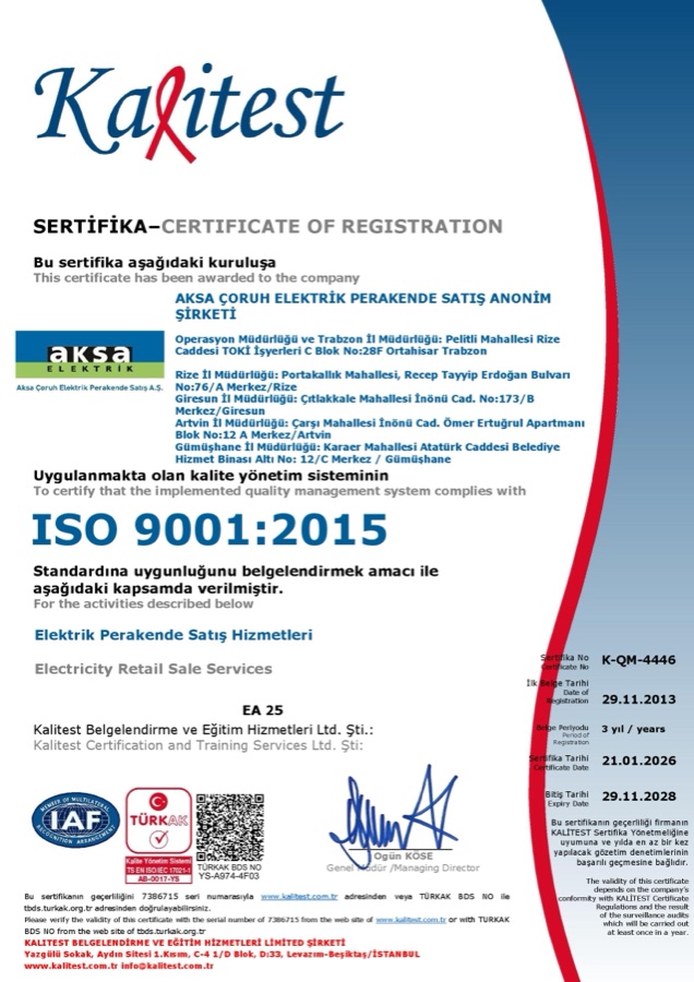 ISO 9001:2015 Kalite Yönetim Sistemi Aksa Çoruh Elektrik Perakende Satış A.Ş.