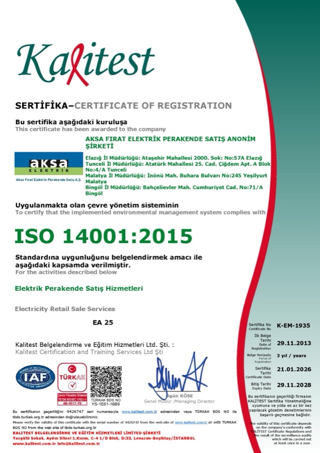 ISO 14001:2015 Çevre Yönetim Sistemi Aksa Fırat Elektrik Perakende Satış A.Ş.
