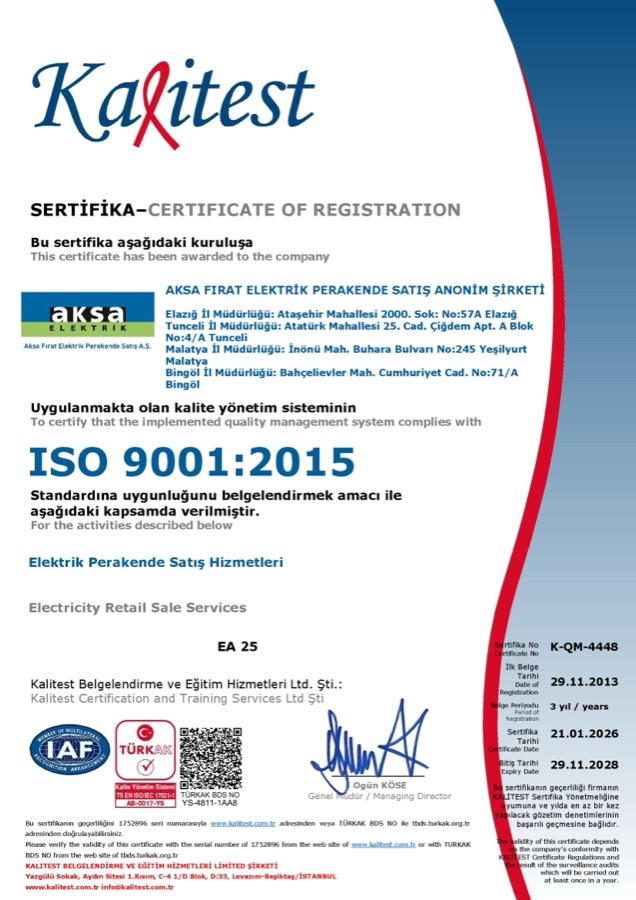 ISO 9001:2015 Kalite Yönetim Sistemi Aksa Fırat Elektrik Perakende Satış A.Ş.